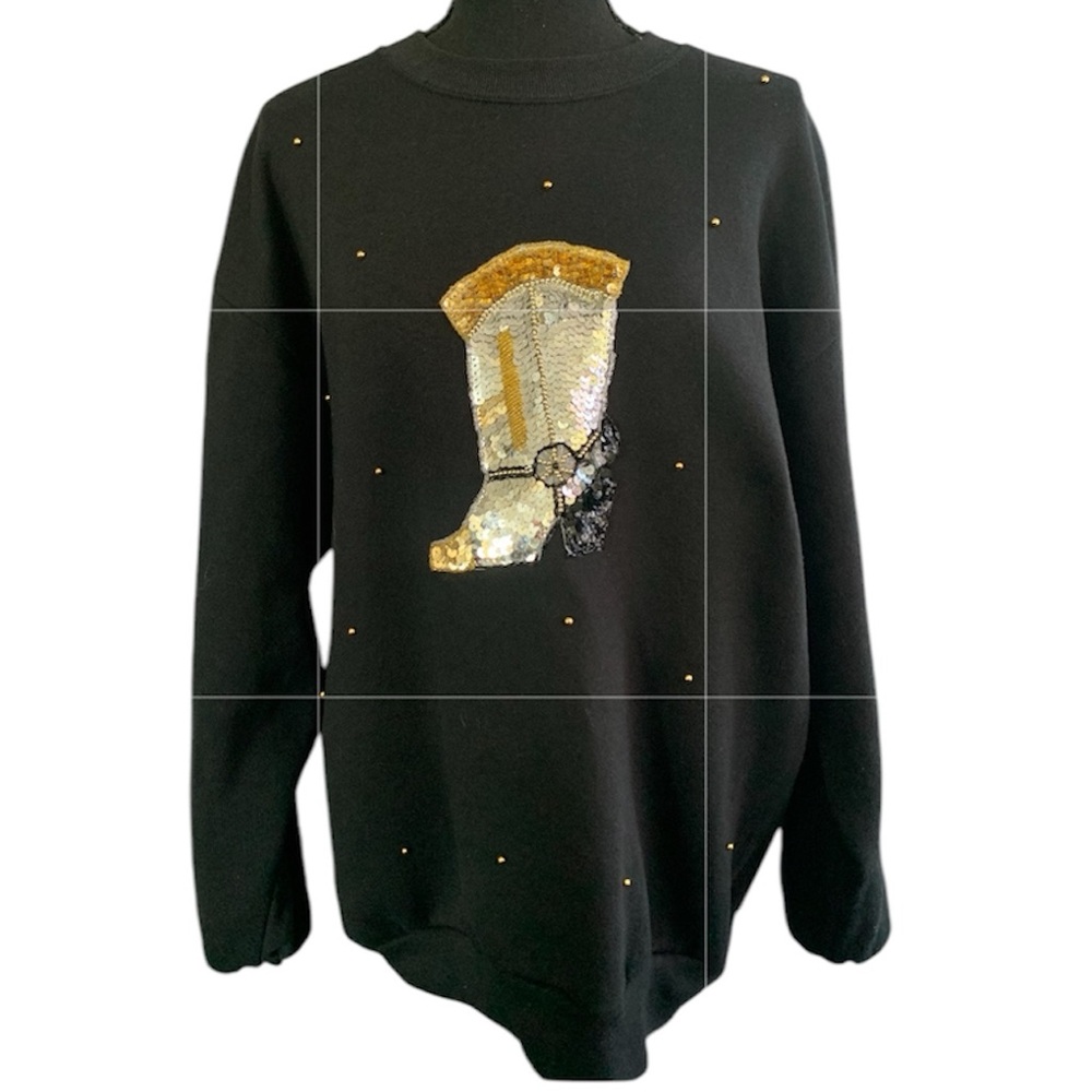 Vintage Jerzees Black Sweatshirt with Sequin Western Boot Design Size Large